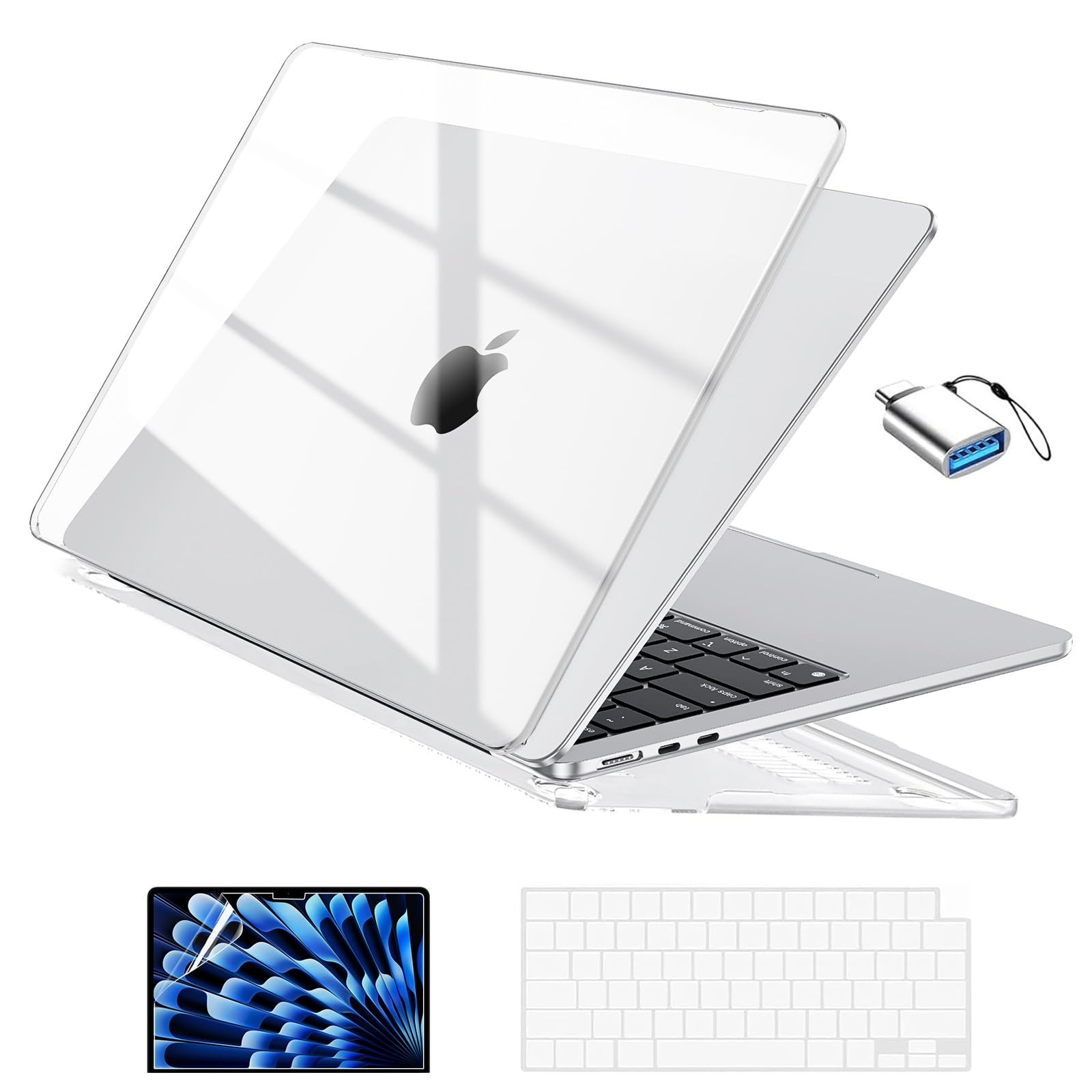 EooCoo Compatible with MacBook Air 13 inch Case 2026 2025-2022 M4 M3 M2 Model A3240 A3113 A2681, Mac Air 13.6 inch Transparent Hard Shell & Keyboard Cover & Screen Film & Type-C, Shiny Crystal Clear