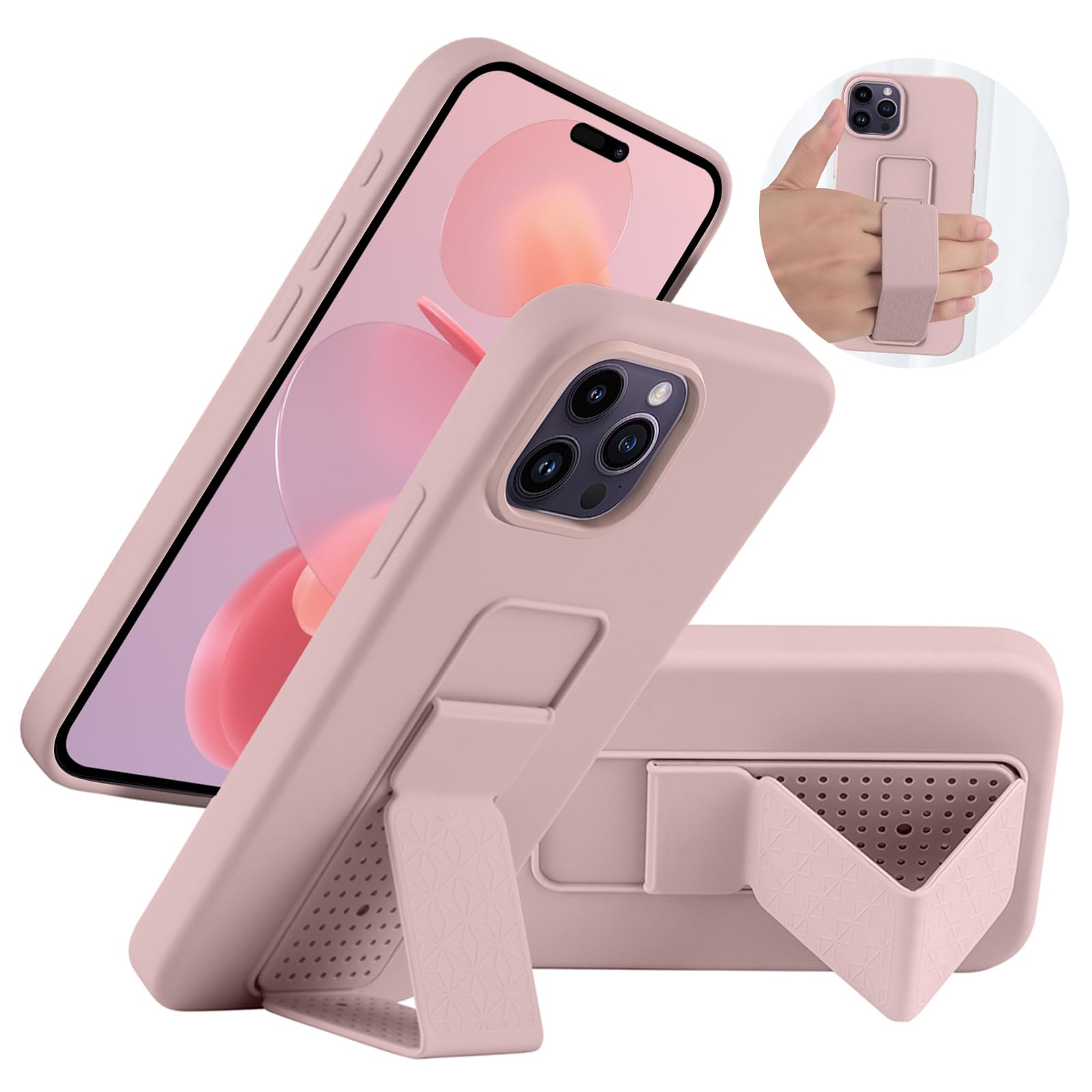 LAUDTEC Silicone Kickstand Case Compatible with iPhone 15 Pro Max, Vertical and Horizontal Stand Hand Strap Metal Kickstand Cover, Flexible Soft