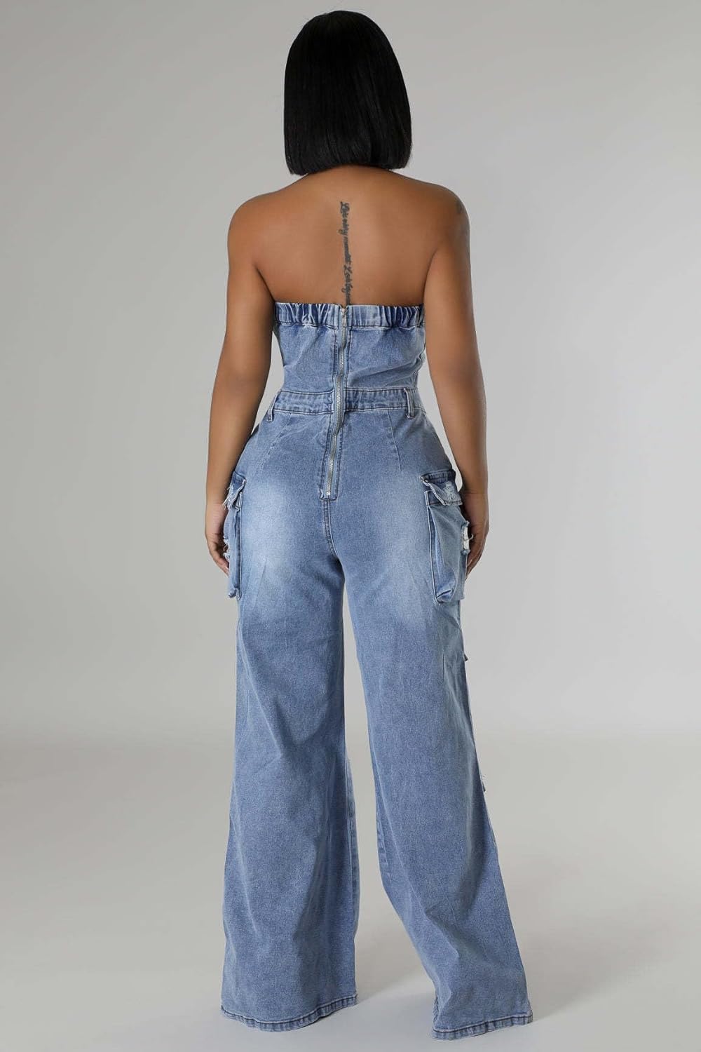 Tbahhir Women's Sexy Off Shoulder Tube Denim Cargo Jumpsuits Wide Leg Baggy Loose Jean Pants Rompers Overalls - Image 5