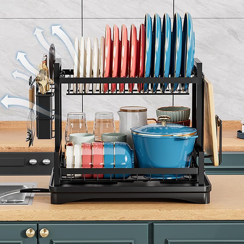 Escurreplatos sobre El Fregadero, Escurridor De Acero Al Carbono De Gran Capacidad, Organizador De Cocina Multifuncional De 2 Niveles Y Almacenamiento para Platos, Cuencos Y Cubiertos