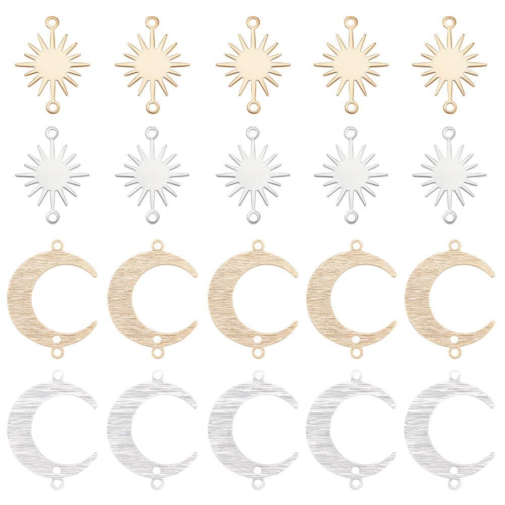 BENECREAT 32Pcs 4 Styles Raw Brass Charm Connectors, Golden Silver Color Moon & Sun Links with Double Hole for Bracelet, Necklace or DIY Jewelry Making Accessories