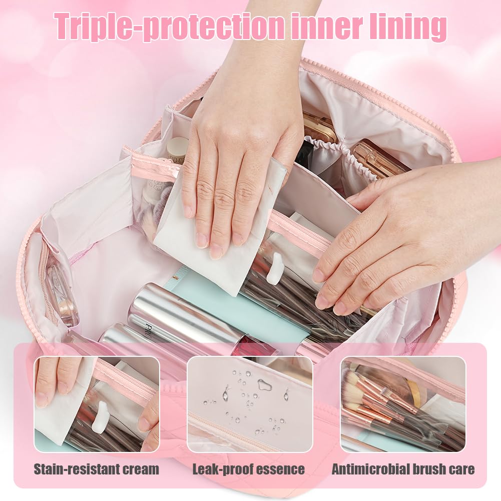 URAQT Trousse de Maquillage Femme Rose, Trousse de Toilette Grande Capacité, Sac Cosmétique de Voyage Léger Lavable en Machine avec Compartiments & Ouverture à Plat, pour Voyage Bureau Quotidien - 4