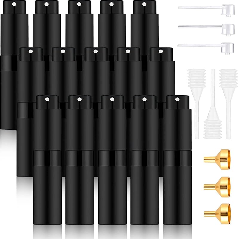 Beieverluck Frasco Atomizador Recarregável para Perfume 8 mL Preto, Pacote com 15 e Acessórios