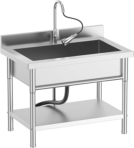Miniatura 7 de Fregadero utilitario de acero inoxidable de 20 pulgadas con plomería de agua fría/caliente y estante para cocina, baño, lavandería Fregadero