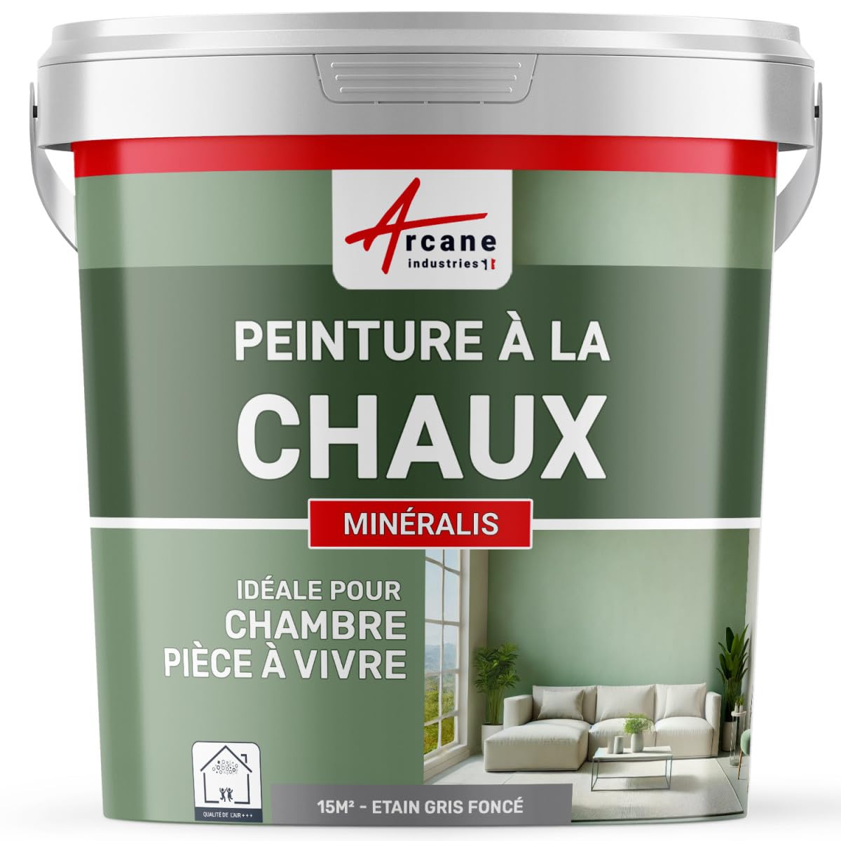 Peinture chaux naturelle : peinture, sans émanation, mineralis - 15 m² (2.5 kg en 1 couche) Etain Gris Foncé - ARCANE INDUSTRIES