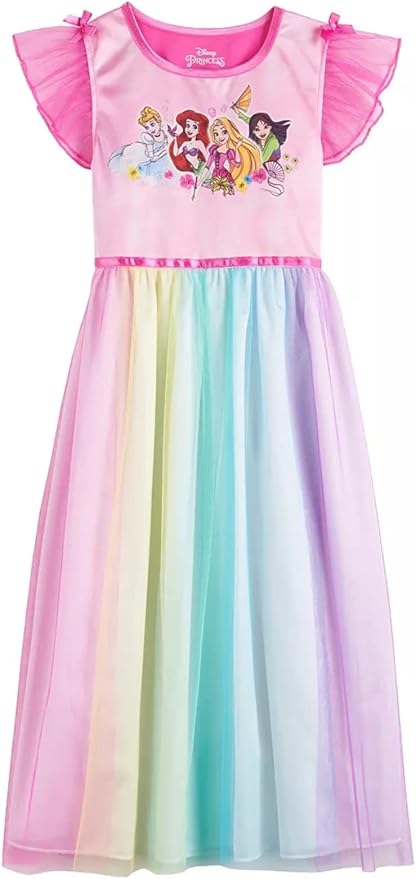 Disney Girls' Fantasy Nightgown Princess Dress Pajama, Rainbow - Princesses, Size 8