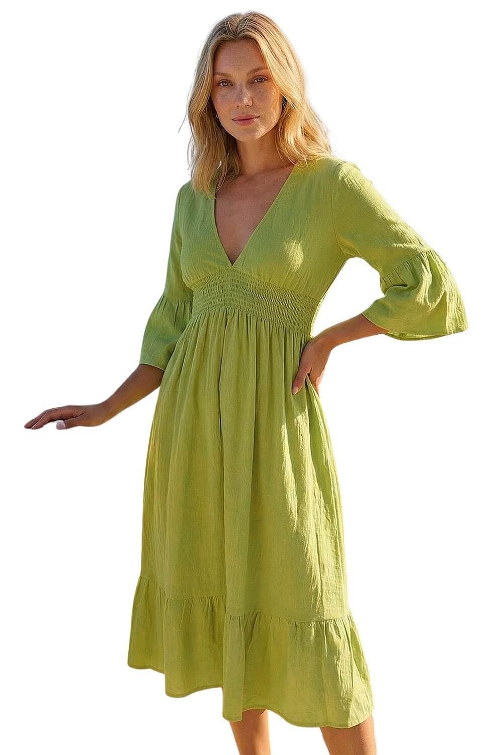 Roman Women's Lime Linen Look Shirred Midi Dress Size 10