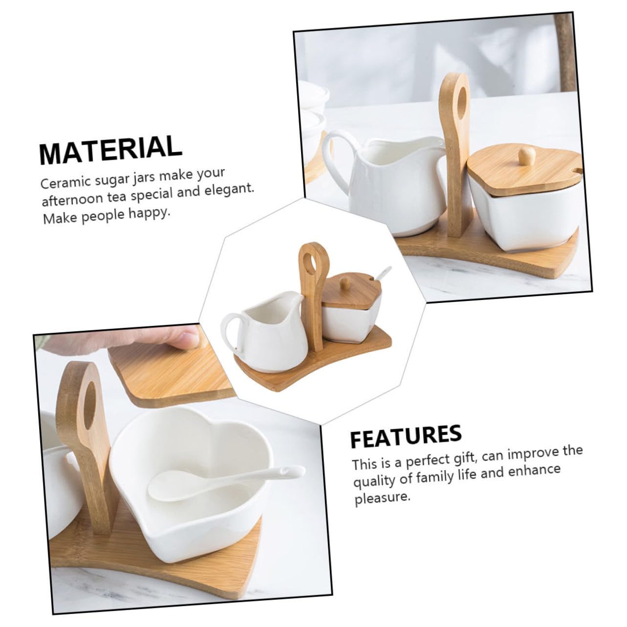 ULTECHNOVO Sucrier Céramique Blanc avec Pot à Lait et Set Rangement Cuisine avec Poignée en Bois Design Simple et Compatible Four Micro-ondes Décoration pour Maison