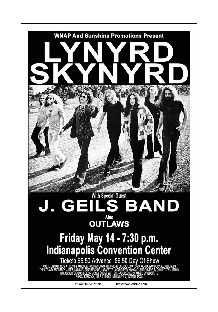 Raw Sugar Art Studio Lynyrd Skynyrd/J Geils Band 1976 Indianapolis Concert Poster