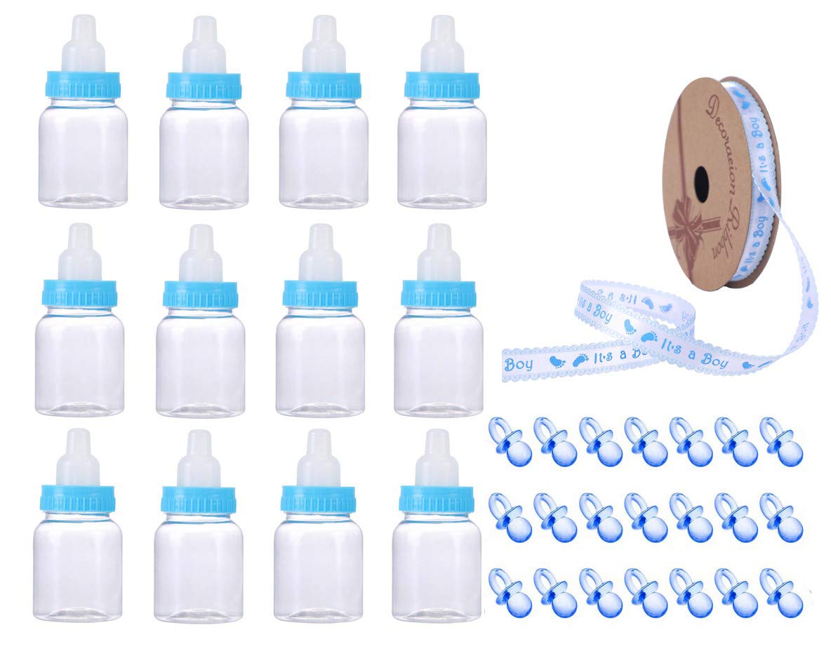 12 Pack Candy Bottles 10 Yards Ribbon and 48 Pack Acrylic Mini Pacifiers for Baby Shower Party Favors Decorations and Supplies by WeddParty (Blue A, 12)