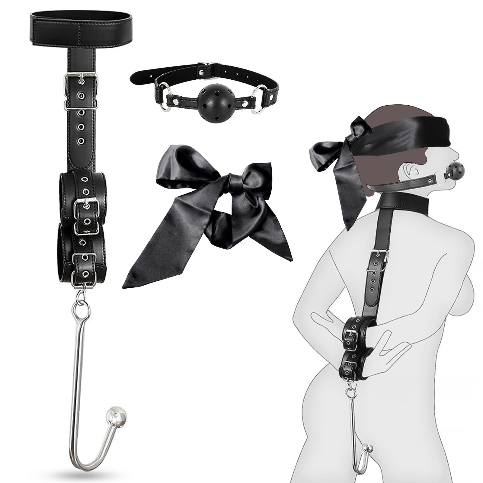 BDSM Bondage le Dos avec et Accessoires de Bondage Réglables,crochet anal bouchon buccal masque pour les yeux,Sex Toys Erotiques Set Adultes Toy