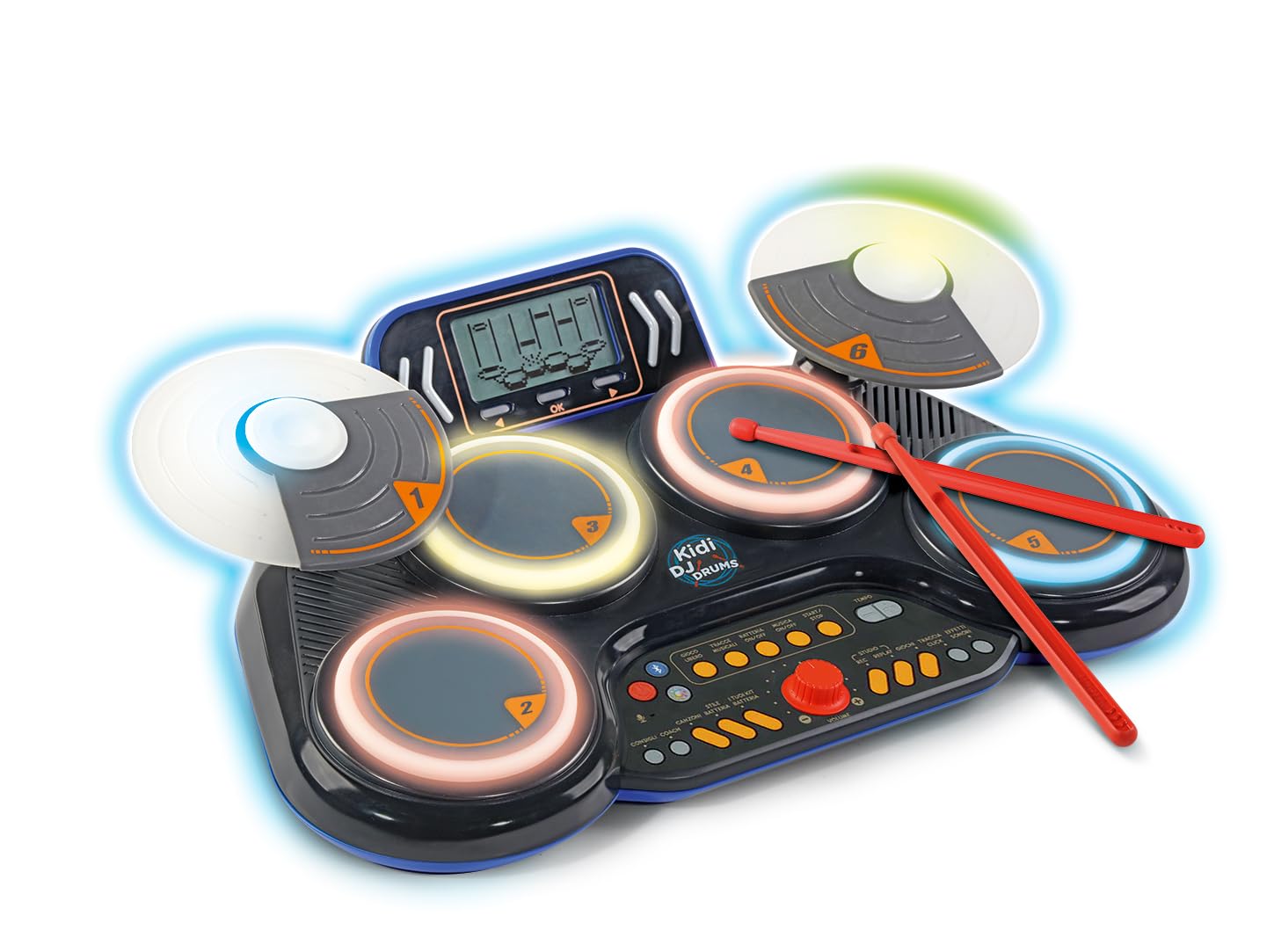 VTech Kidi DJ Drums, elektroniczny akumulator dla dzieci z podkładkami świecącymi, grami muzycznymi, trybem Bluetooth i wbudowanym mikrofonem, pałeczkami w zestawie, język włoski, baterie w zestawie,