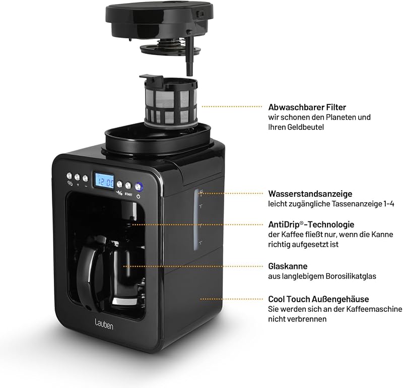Lauben Grind&Drip 600BB kávéfőző beépített kávédarálóval, 0,56L, 2-4 csésze