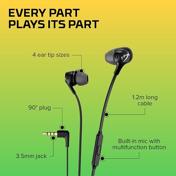HyperX Cloud Earbuds II 14mm Drivers, Four Eartips, Hard-Shell Carrying Case, Low-Profile 90 Plug, 3.5mm Plug, Built-in Microphone, Multi-Function Button, PC, Mobile, Nintendo Switch Black