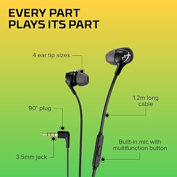 HyperX Cloud Earbuds II 14mm Drivers, Four Eartips, Hard-Shell Carrying Case, Low-Profile 90 Plug, 3.5mm Plug, Built-in Microphone, Multi-Function Button, PC, Mobile, Nintendo Switch Black