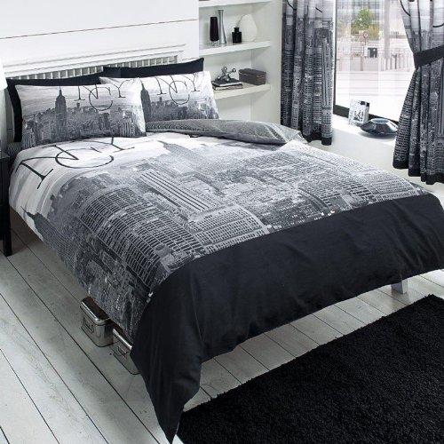 Ensemble couette lit double et taies d'oreillers New York City noir