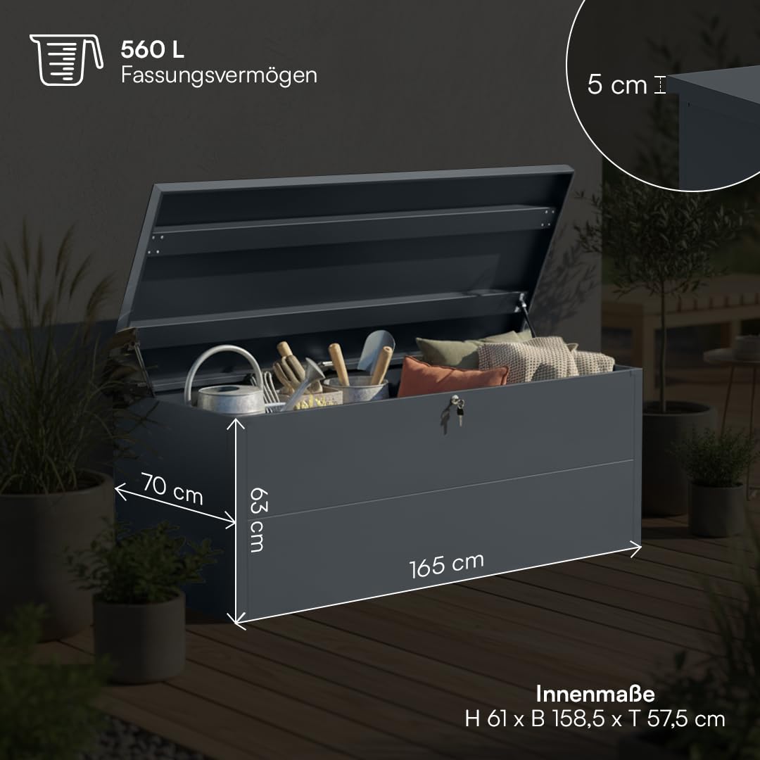 STEELSØN Icarus Gartenbox Metall 560 L – Auflagenbox mit Deckel abschließbar – Gartentruhe wasserdicht – Aufbewahrungsbox in Anthrazit – outdoor Kissenbox 165x70x63 cm – große Truhe für Gartenpolster