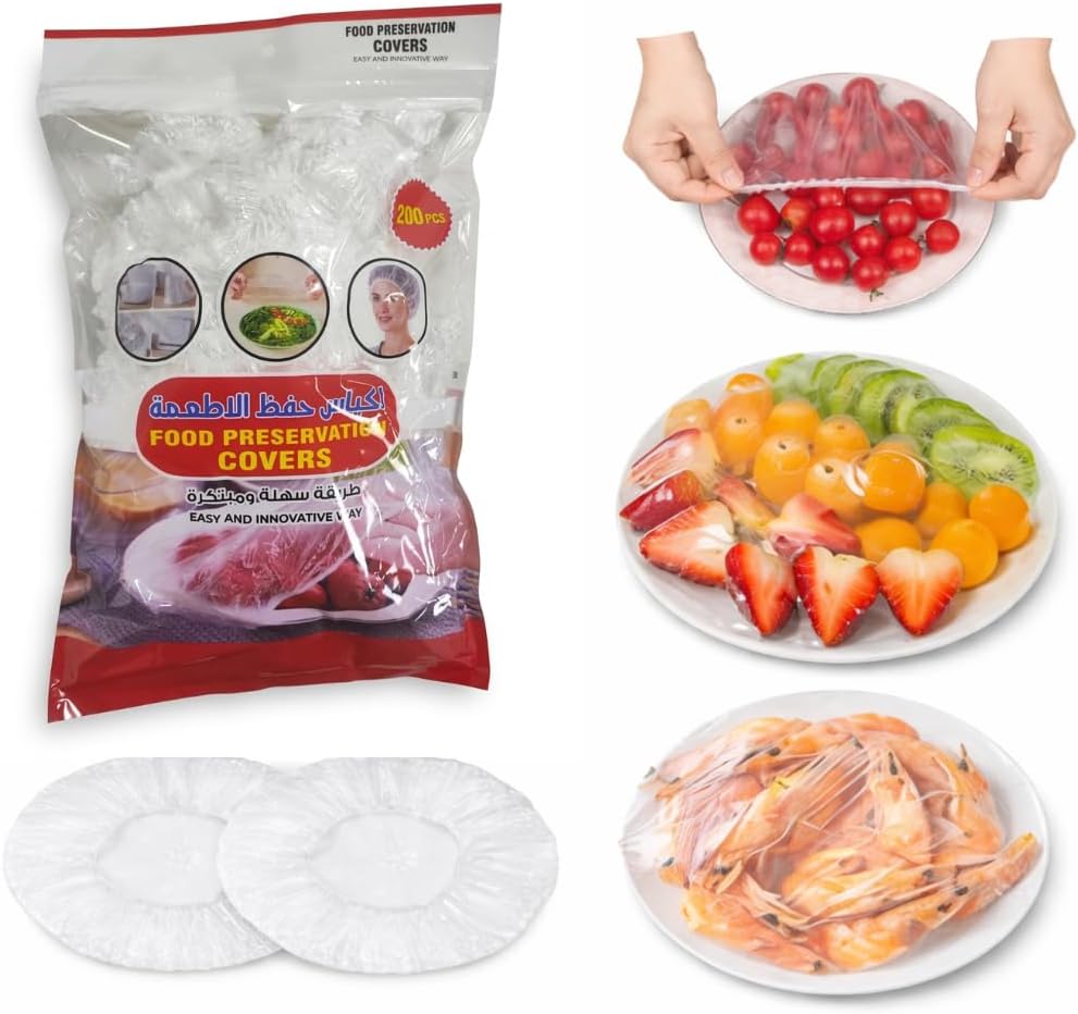 MOMENT 200 Pieces Disposable Food Wrap Bowl Covers, Elastic Food Cover Clear Stretch Plastic Wrap for Kitchen Dish Plate Bowls Drawstring Food Storage Covers Fresh Keeping Bags