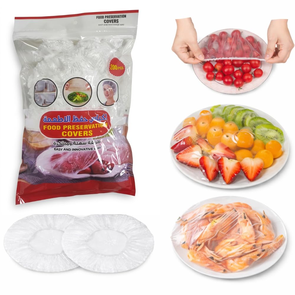 MOMENT 200 Pieces Disposable Food Wrap Fresh Keeping Bags Elastic Food Covers Clear Stretch Plastic Wrap for Plate Bowls Drawstring Storage Bags for Family Kitchen Picnic