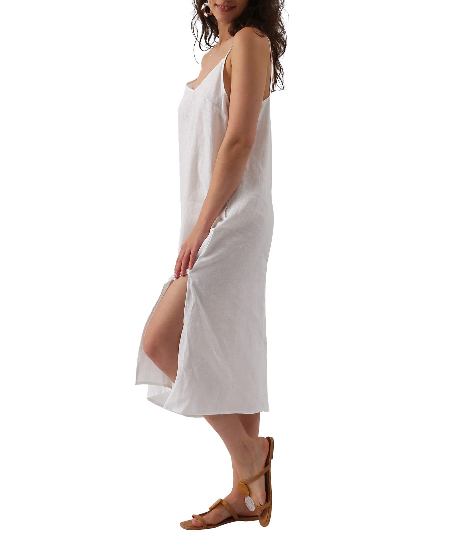Amazhiyu Womens Pure Linen Summer V Neck Midi Spaghetti Strap Slip Dress with Pockets: X-Large White