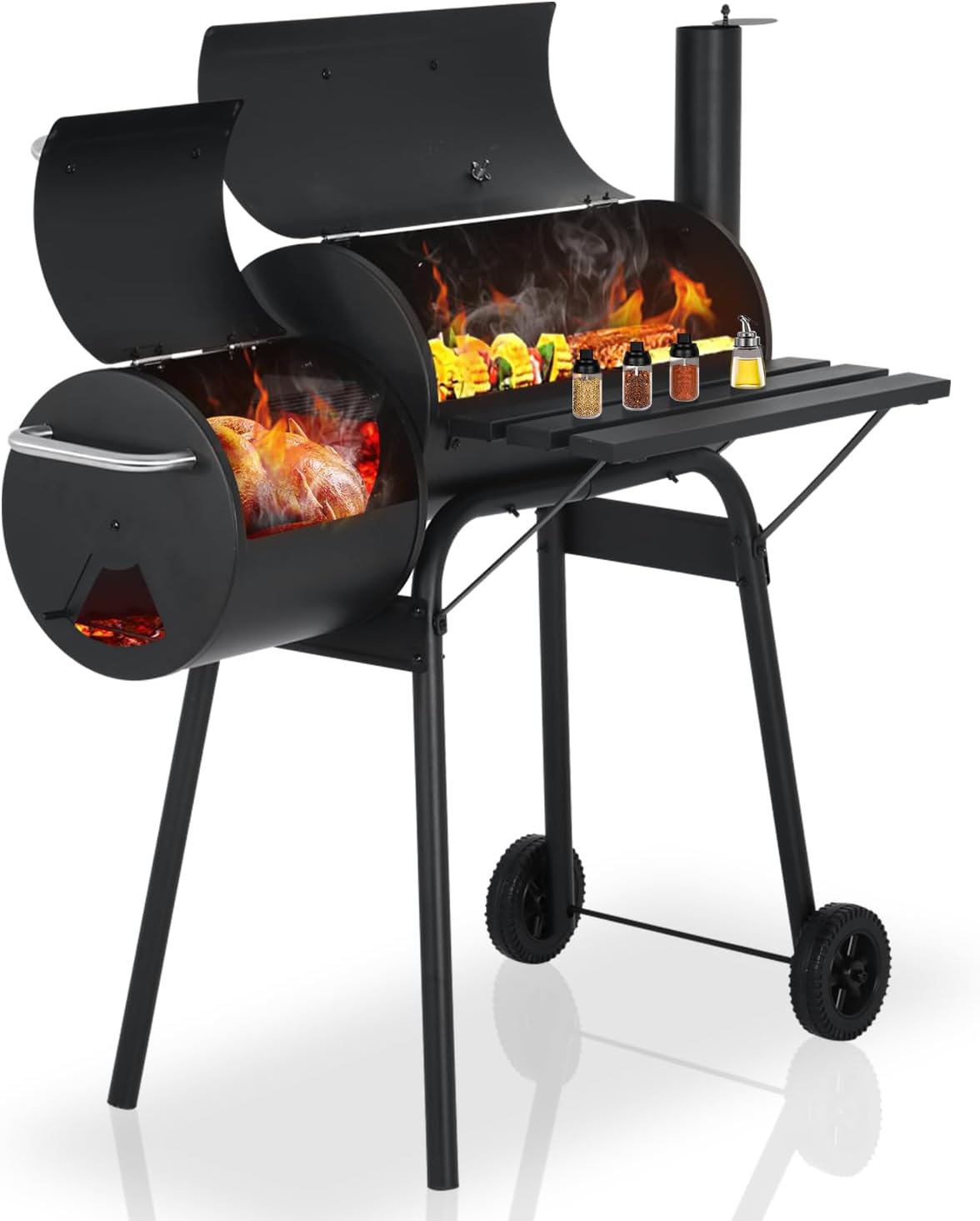 43"Charcoal Grills with 2 Wheels Portable Charcoal Grill Side Fire Box, Outdoor BBQ Grill for 6-10 People Patio Backyard Camping Picnics, Black