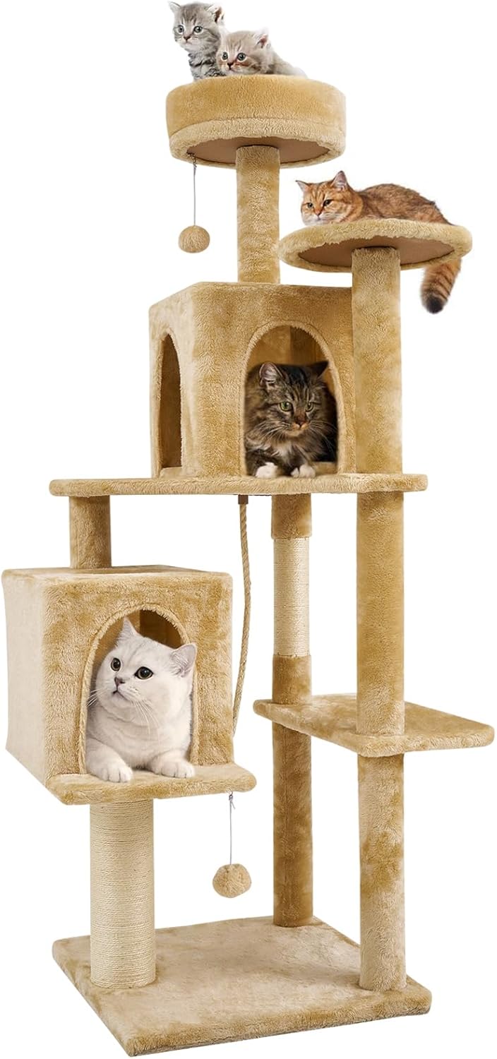 59" Multi-Level Cat Tree Cat Tower for Indoor Cats, Tall Plush Rest Area with Spacious Cat Condos, Scratching Posts with Hanging Toy, Cat Furniture with House for Rest & Fun 59" Beige