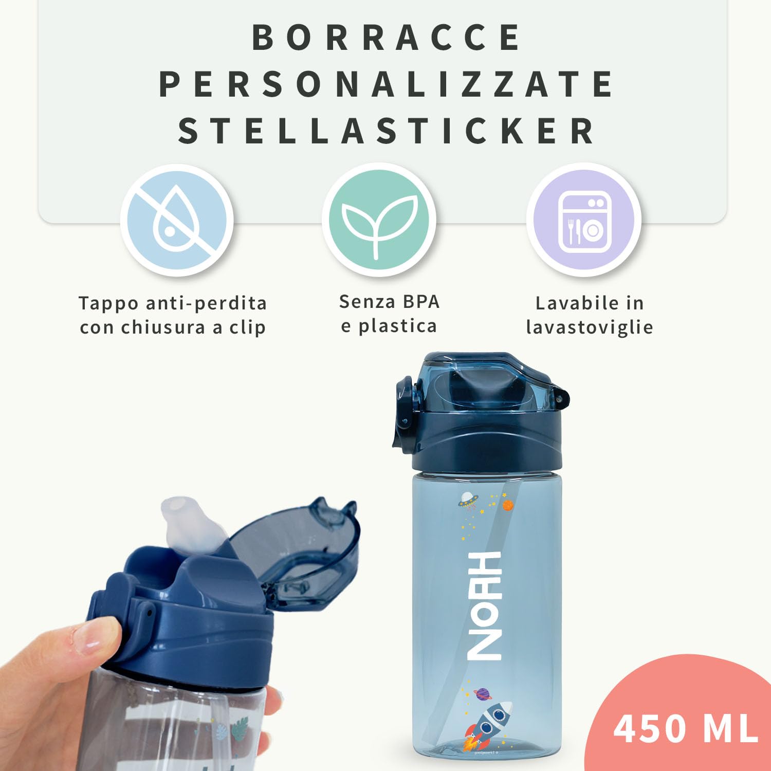 Borraccia Personalizzata per Bambini 450 ml Rosa Antico Senza BPA Lavabile in Lavastoviglie
