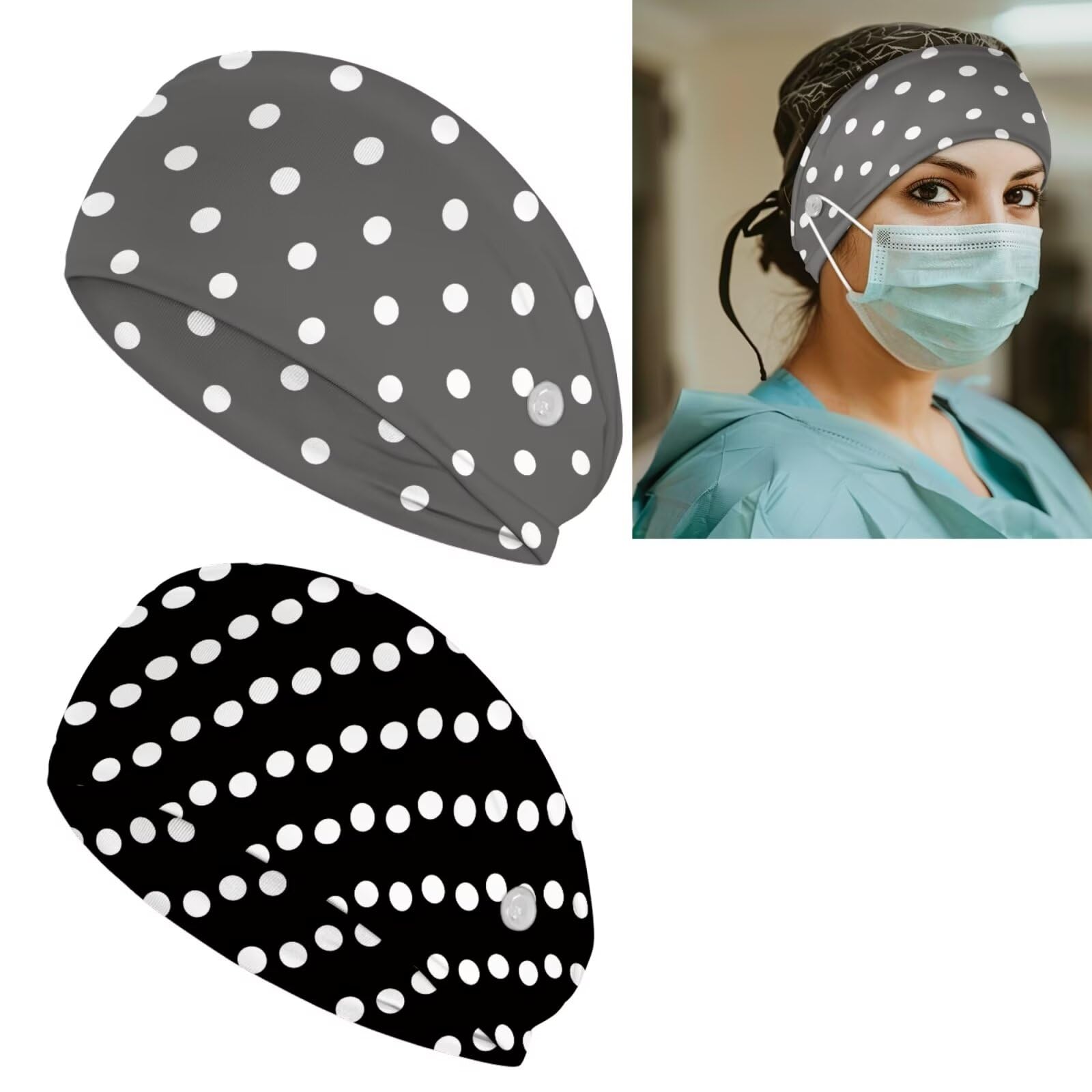 Uorisanigo 2 Pack Button Headbands for Women Men Workout Headband Black Polka Dot Wide Nursing Headbands Non Slip Elastic Ear Protection for Nurses