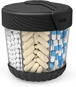 Large Pill Dispenser, Portable Pill Bottle Organizer for 7 Vitamins, Anti-Mix Supplement Organizer with Easy Twist Wide Opening, BPA-Free Pill Container, 20 Pcs Labels Included, Black