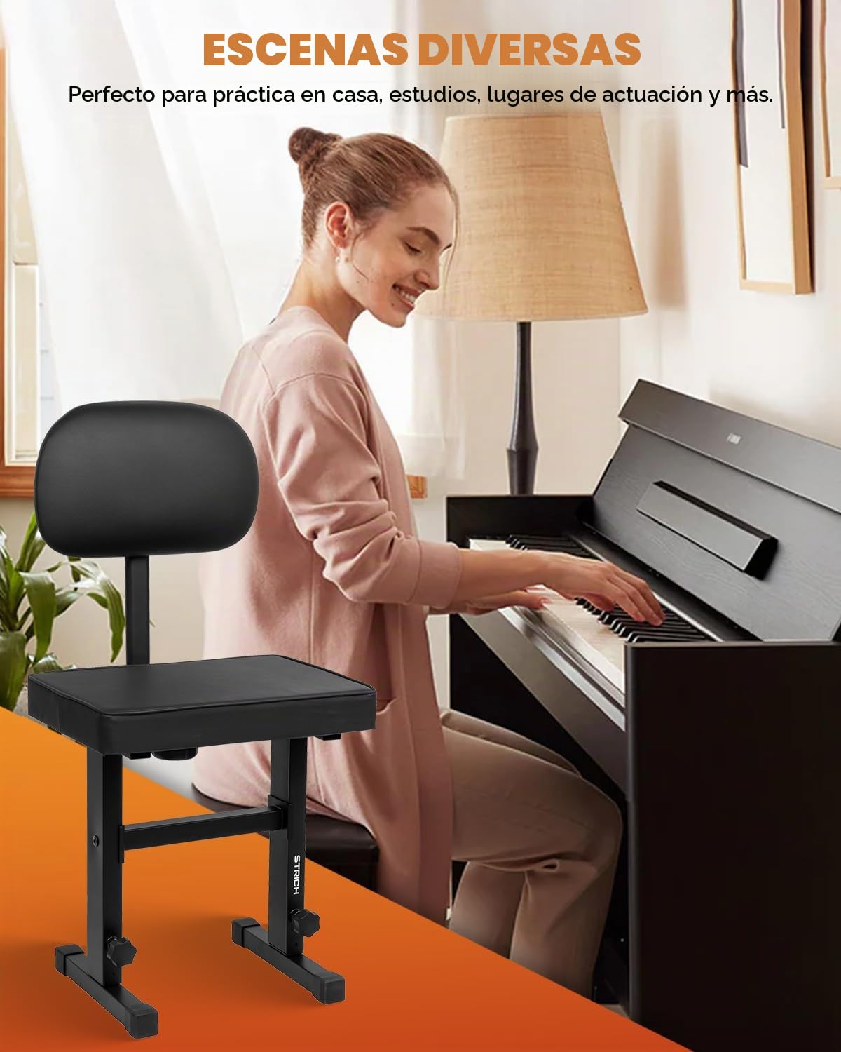 STRICH Banco de piano ajustable, asiento de banco de teclado musical con respaldo, silla de piano con cojín acolchado para músicos, negro, SPB-M50S (piel sintética)