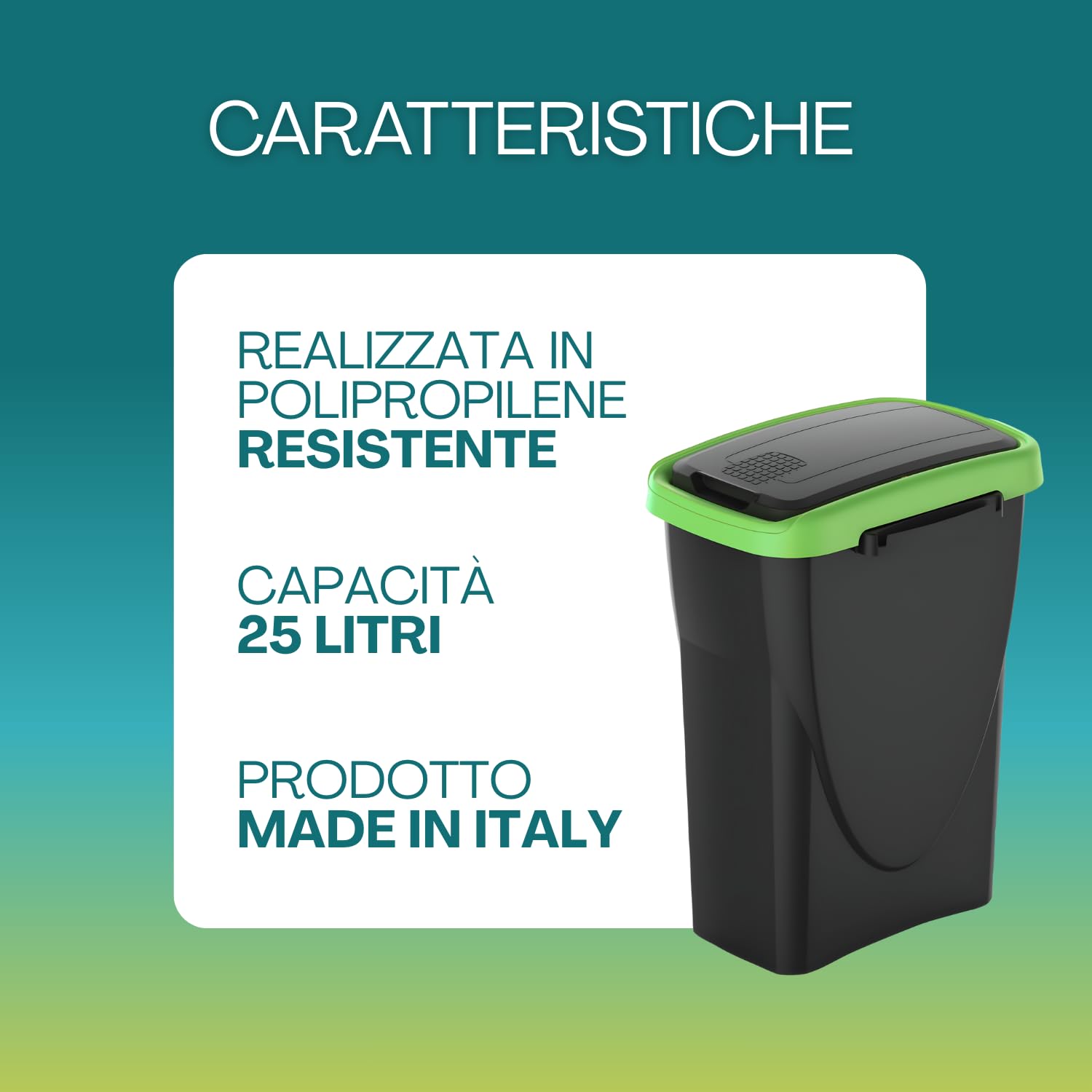 PALUPLUS Set 4 Pattumiere per Raccolta Differenziata da 25 Litri, Misura 24x37x51 cm, Secchi Neri Componibili con Coperchio Basculante, Dettaglio Verde, Giallo, Azzurro e Grigio -06C -4,4