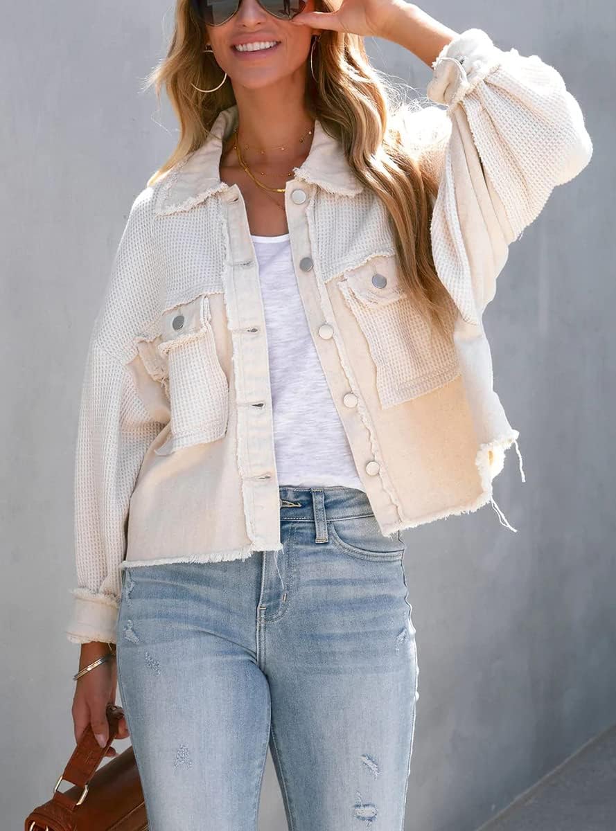Women's Fall Casual Cropped Waffle Knit Jacket Button Down Spliced Denim Shacket Tops - Image 3