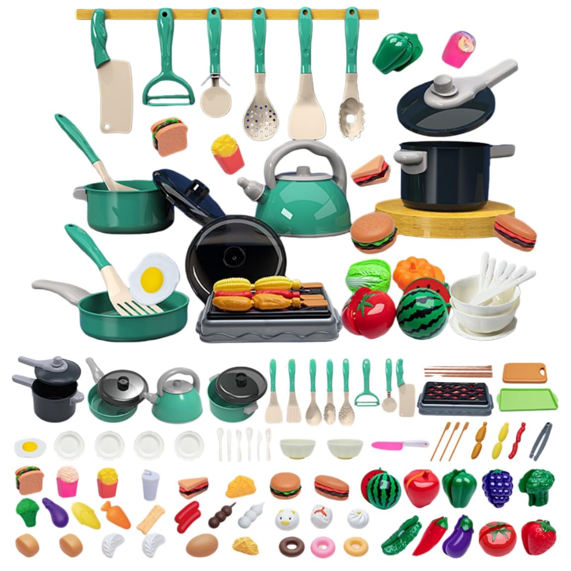Set da Cucina Giocattolo per Bambini 110 Pezzi, Utensili da Chef per Giochi di Ruolo, Pentole e Padelle, Alimenti Giocattolo, Accessori Cucina Montessori per Bambini 3-8 Anni (Blu 83 pezzi)