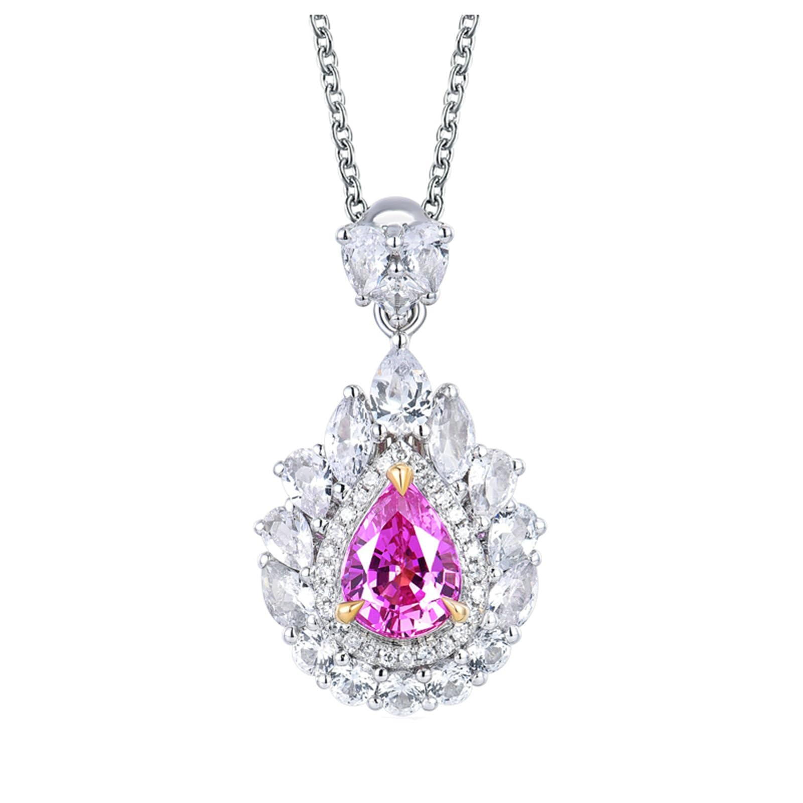 Collana in Oro Bianco 18Kt, CiondoloDonna Diamante Goccia con Rosa Zaffiro 0.7ct