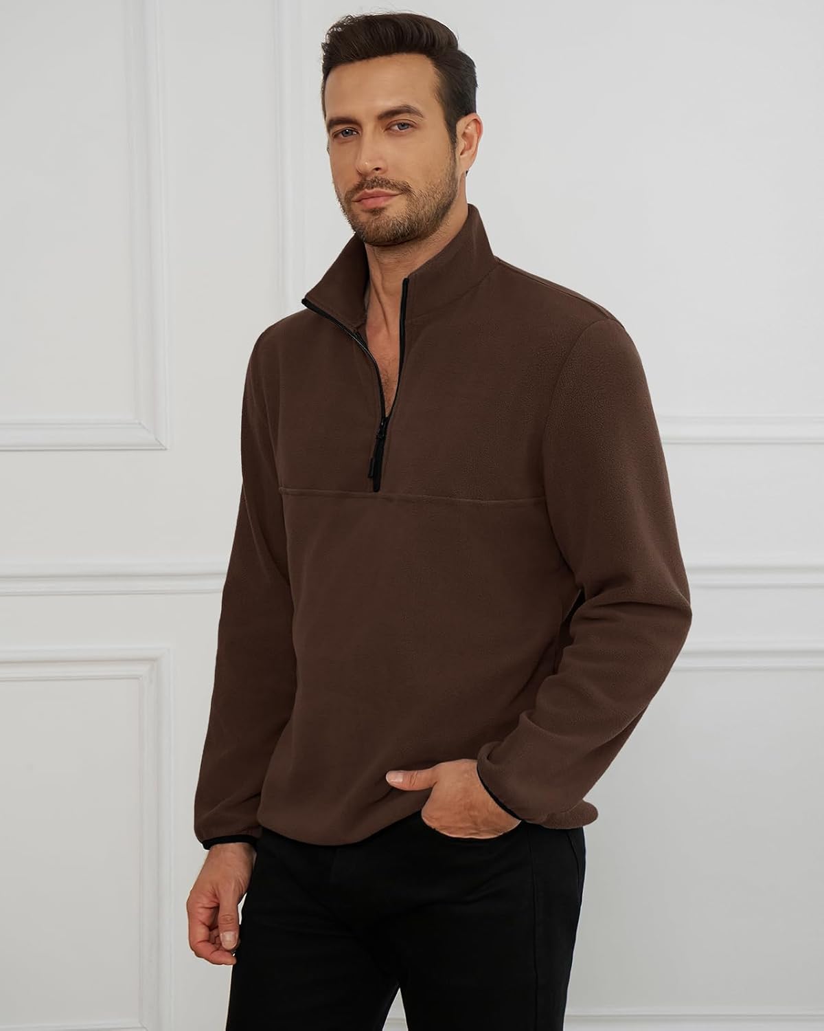 Runcati Mens Fuzzy Fleece Sweatshirt Quarter Zip Pullover Long Sleeve Winter Fall Outdoor Warm Outerwear - Image 4