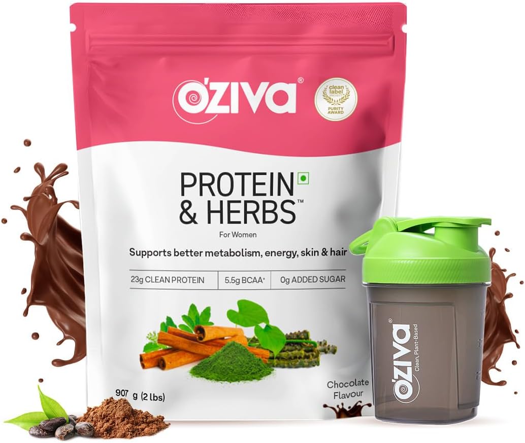Protein & Herbs, Women, (Natural Protein Powder with Ayurvedic Herbs like Shatavari, Giloy, Curcumin & Multivitamins for Improving Metabolism, Skin & Hair (Chocolate 907g + Shaker)