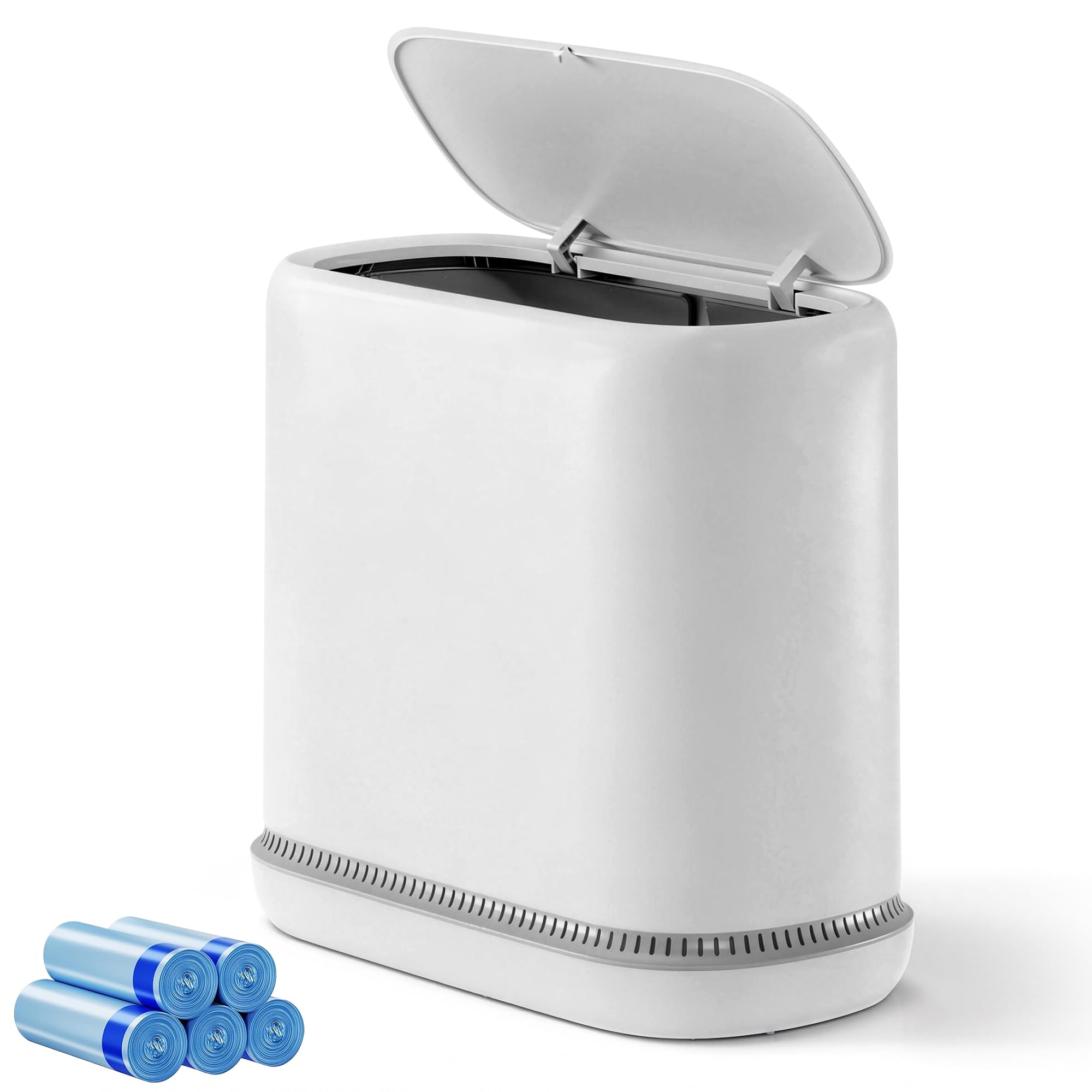 TidyTale Bathroom Trash Can with Lid, Small Slim Garbage Bin with Inner Bucket, Dog Proof Press Top Lid Narrow Wastebasket, Hidden Bag Design, Odor Control for Bathroom Bedroom Office RV