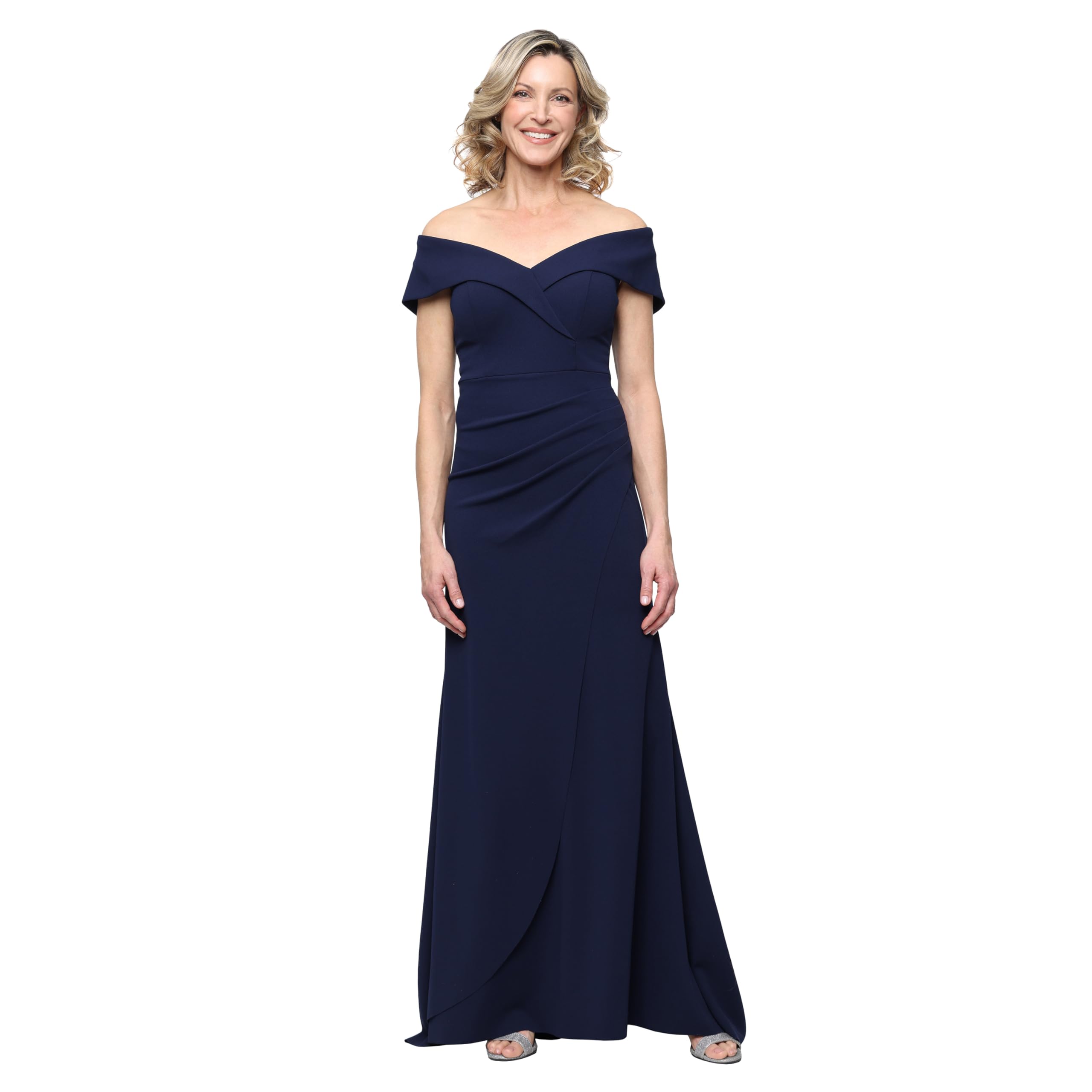 Alex Evenings Women's Off the Shoulder Stretch Crepe Dress with Fishtail Back, Floor Length Mother of the Bride Dress