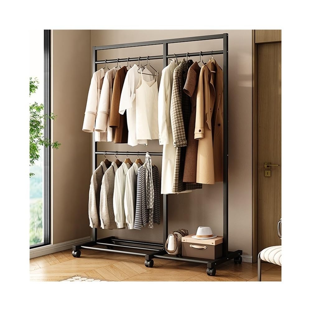 DFHS46JK Hat Rack Bedroom Floor-standing Clothes Hanger Household Storage Rack Iron Double-layer Coat Bedside for Office(Black)