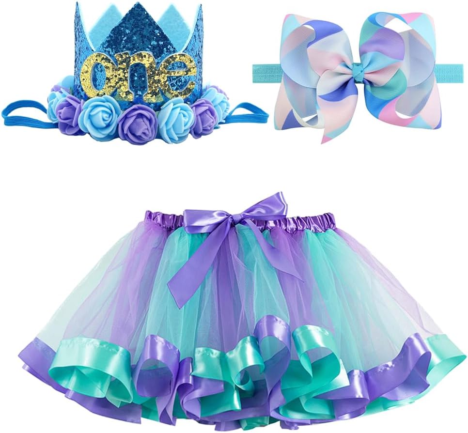 BGFKS Newborn Baby Girls 1st Birthday Photography Outfit Sets Layered Rainbow Tutu Skirt with Hairbow and Crown Headband