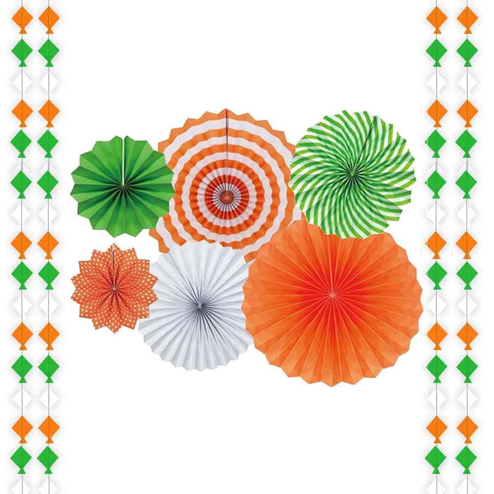 Pop The Party Tri Colour Paper Fans and Patang Bunting |Tiranga Theme Paper Fan Republic Day Deocration Items | Independence Day Decoration Items and Tri Colour Backdrop Decoration (Pack of 10)