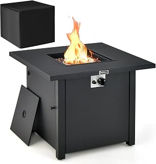 Tangkula 32 Inch Patio Propane Gas Fire Table, Patiojoy 50,000 BTU Square Fire Pit Table with Fire Glasses & PVC Protective Cover, Simple Ignition System, Outdoor Fire Table for Backyard, Poolside