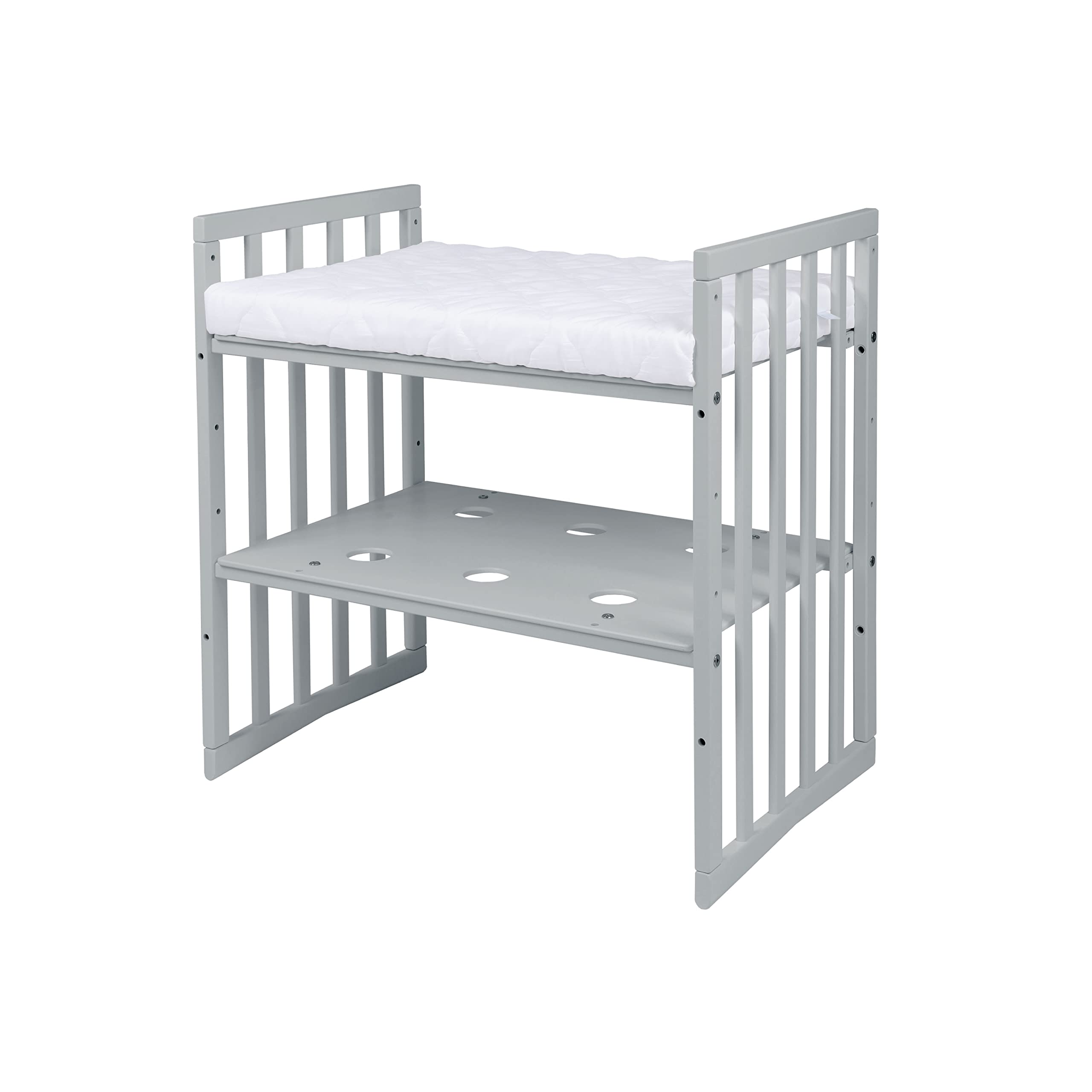 waldin Babybett Oval 7in1, Matratze, Rollen, Regal, Grau | Ohne Stoffset, Mitwachsend, Beistellbett aus Holz, Wiege optional