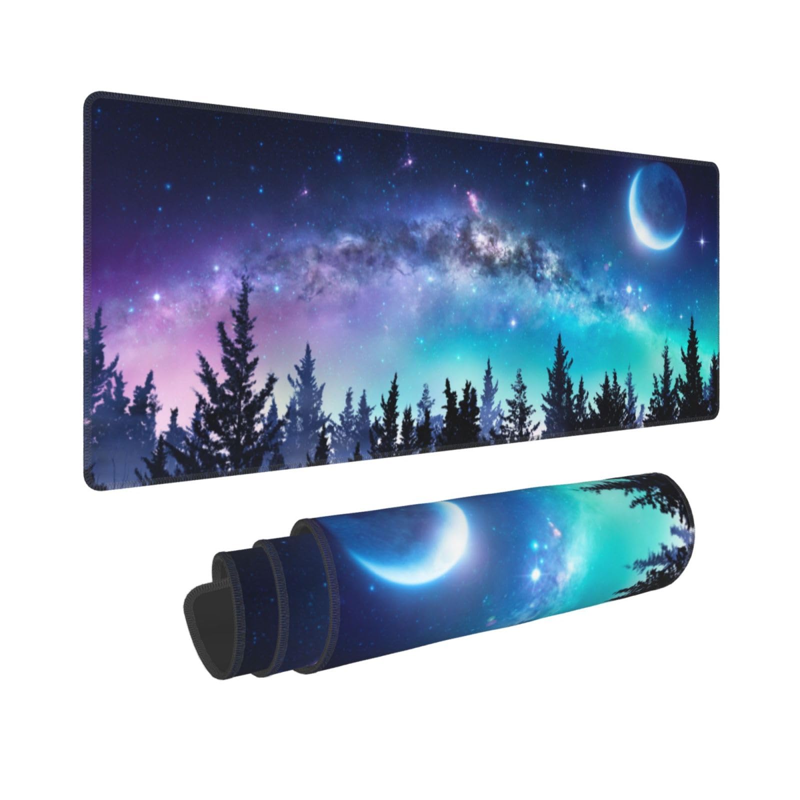 Jedenkuku Forest Galaxy Moon Starry Sky Mouse Pad Long Extended XL Mousepad Desk Pad Gaming Pc Desktop Large Rubber Mice Pads Stitched Edges 31.5'' X 11.8''