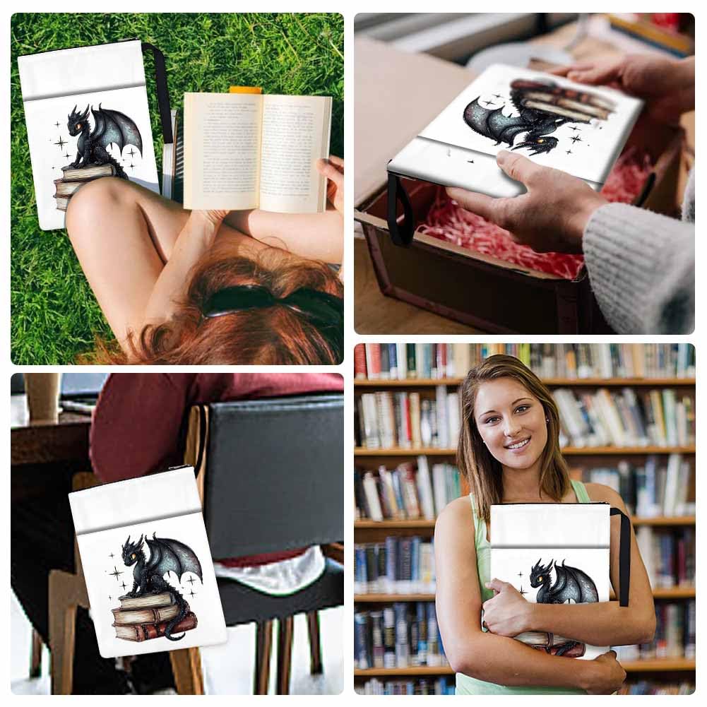 1 copertina per libri con drago, 34 x 24 cm, in poliestere, con chiusura lampo e tasca frontale, regalo di compleanno, per studenti e amanti della lettura