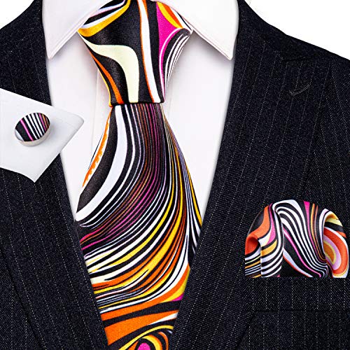 Barry.wang Mens Novlety Tie Silk Printed Orange Black Wedding Holiday Funky Necktie And Pocket Square Set Cufflinks #TOP3