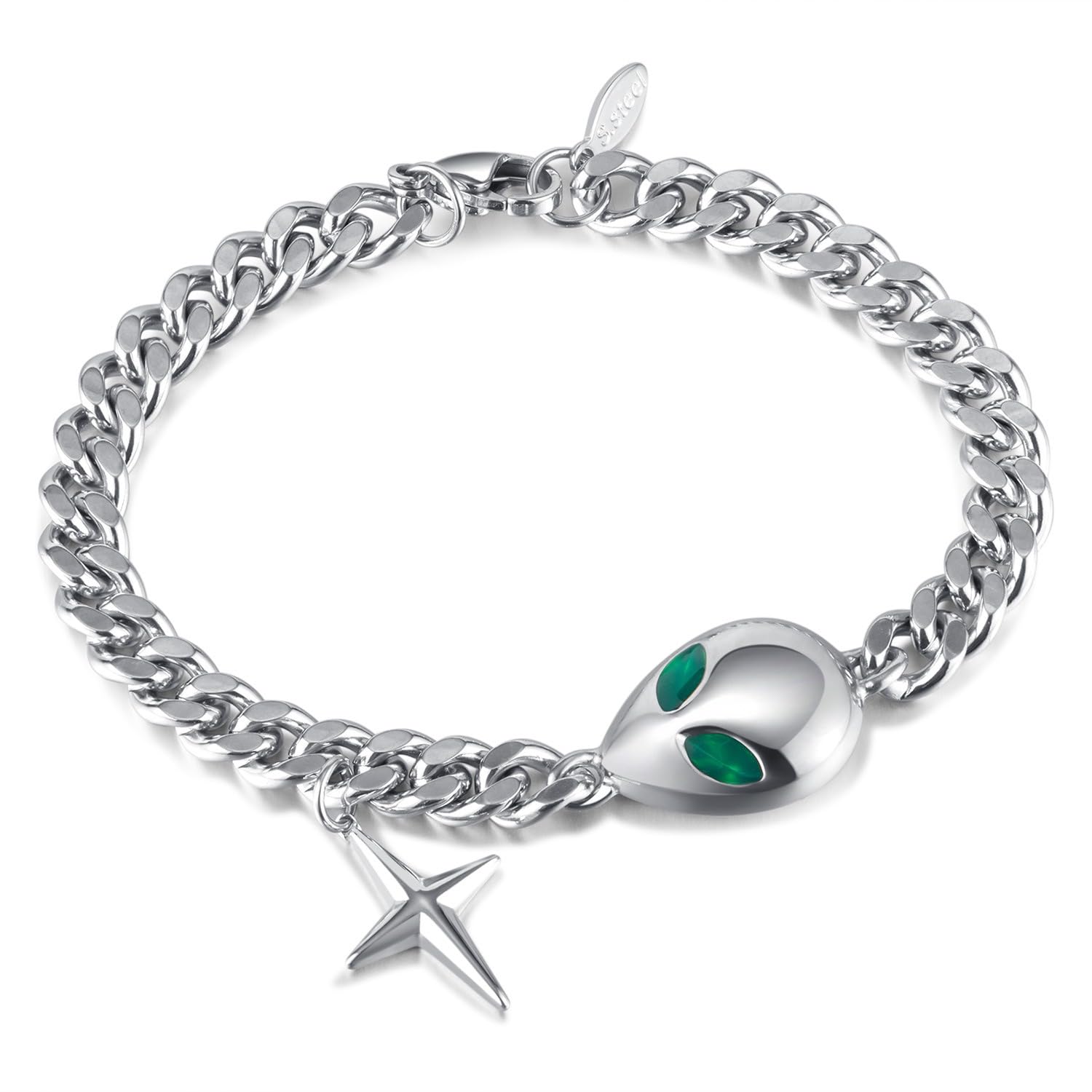 Pulsera de acero inoxidable con dije de cruz de alienígena, pulsera de cadena de eslabones cubanos para hombres y mujeres, con caja de regalo, Grande, Acero inoxidable, No es una piedra preciosa