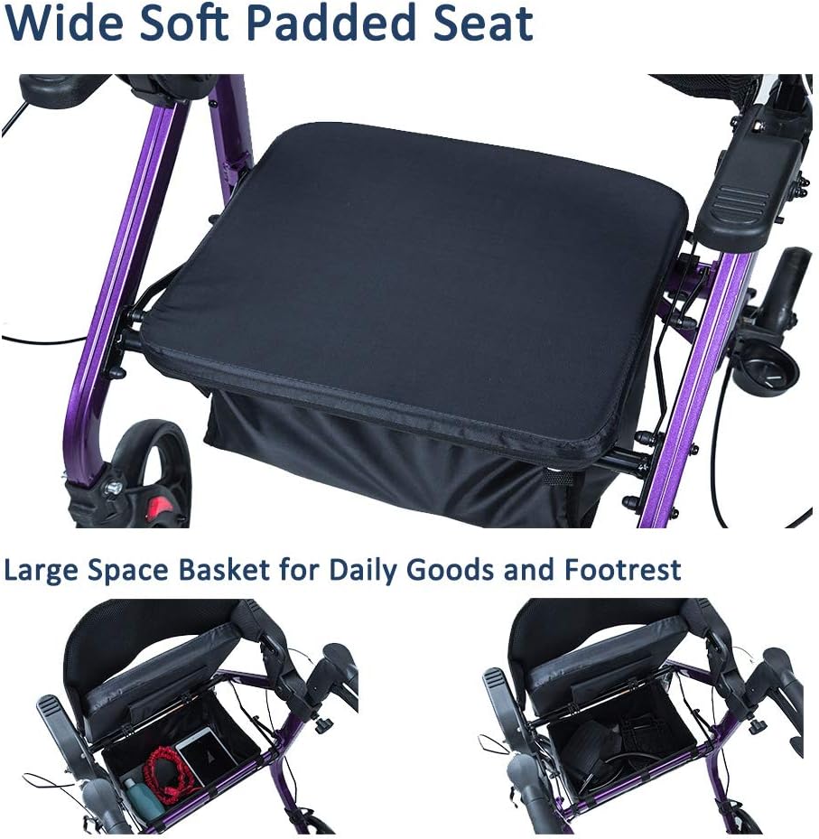 Elenker 2 in 1 Rollator Walker & Transport Chair, Folding Wheelchair Rolling Mobility Walking Aid with Seat Belt, Padded Seat and Detachable Footrests for Adult, Seniors (Purple) : Health & Household