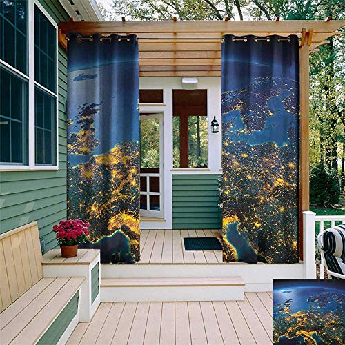 leinuoyi World, Outdoor Curtain Wall, Continent of Central Europe Night Time View from Outer Space Vivid Planet, for Patio Waterproof W84 x L96 Inch Blue Yellow Emerald