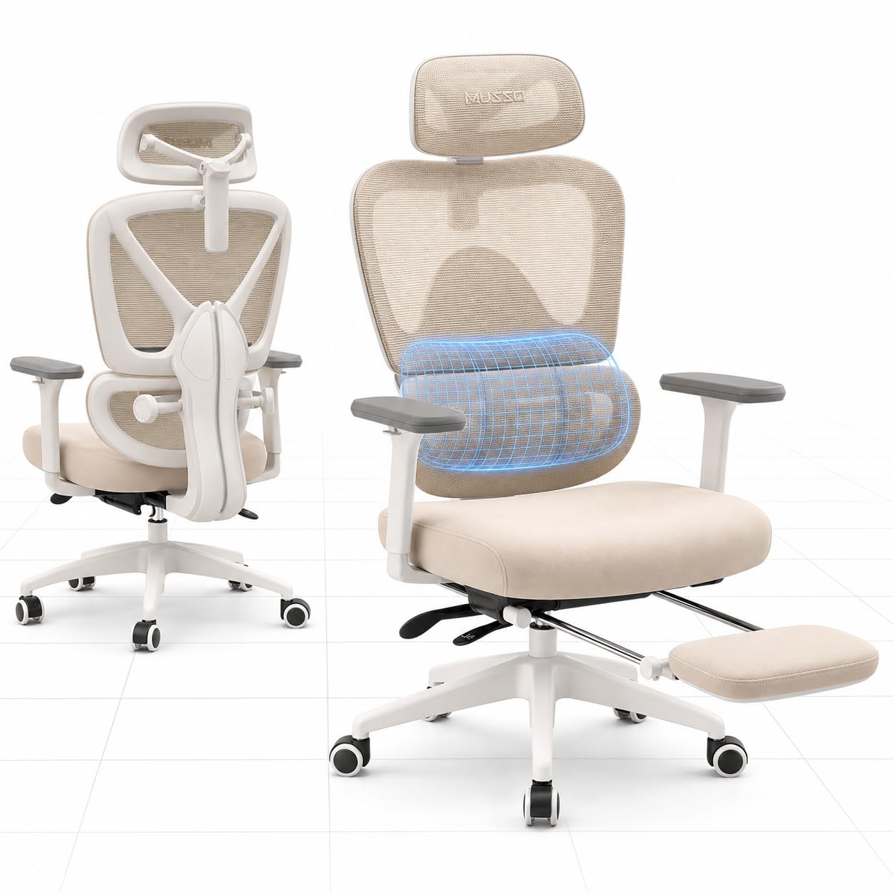 MUSSO E600SE Ergonomic Office Chair, 3-Level Adjustable Lumbar 3D Adjustable Armrest & Headrest with Footrest, Tailored for Women & Teenagers Spine Protection Sitting Posture Correction (Beige) — image 1